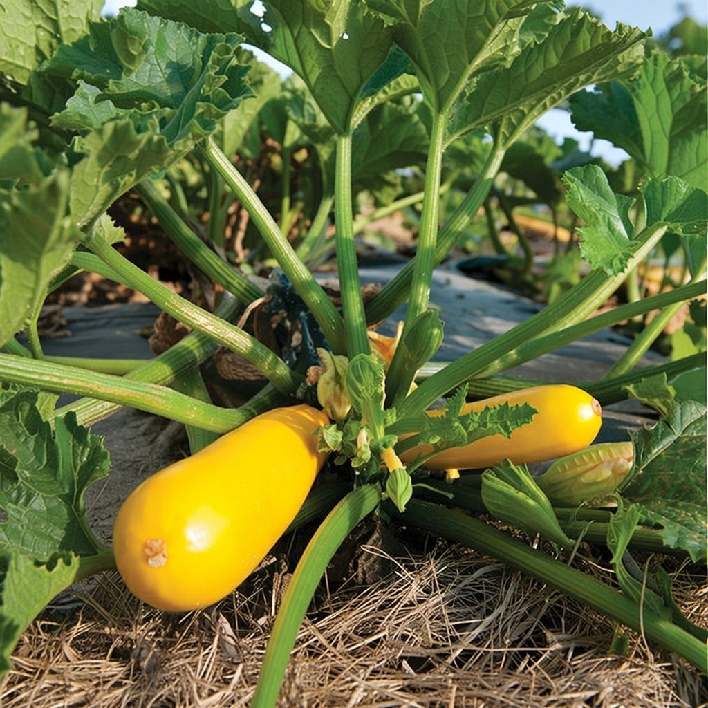 Økologisk Yellowfin F1 squash på plante med gul aflang frugt, fast tekstur og velegnet til rå salat, grill, stegning eller bagning – frø fra Buzzy Organic