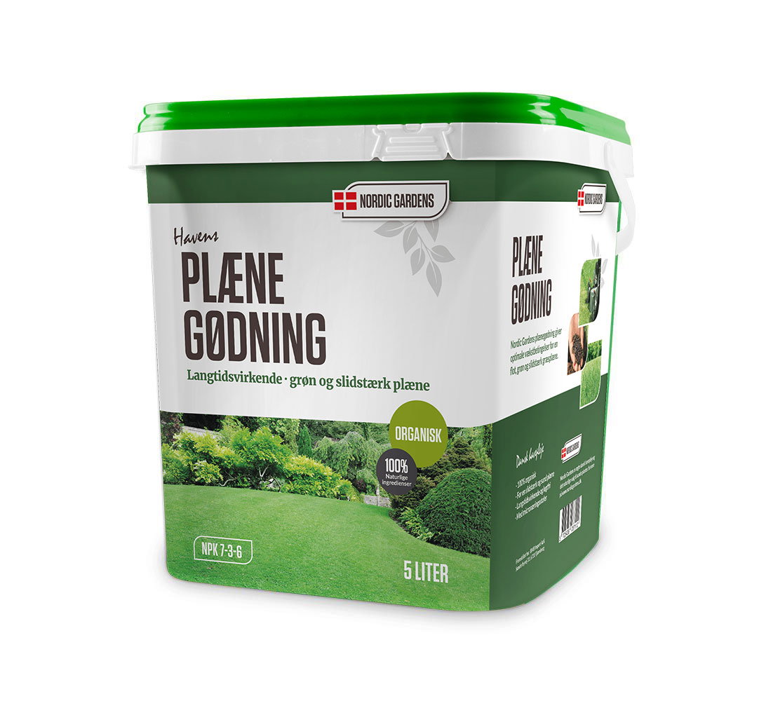 Nordic Gardens organisk plænegødning 5 liter Spand med Nordic Gardens organisk plænegødning 5L