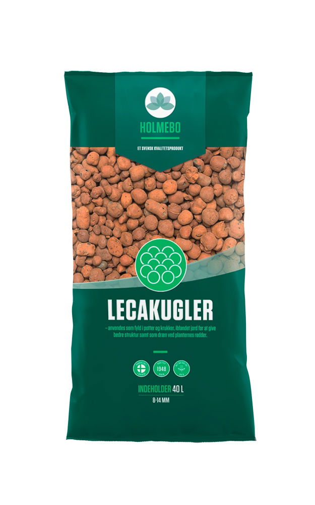 Pose med Holmebo Lecakugler 8–14 mm, 10 liter – lette ekspanderede lerkugler til plantejord, dræn i krukker og forbedret luft til rødderne. Produkt fra Holmebo Tørv, velegnet til altankasser, potter og bede.