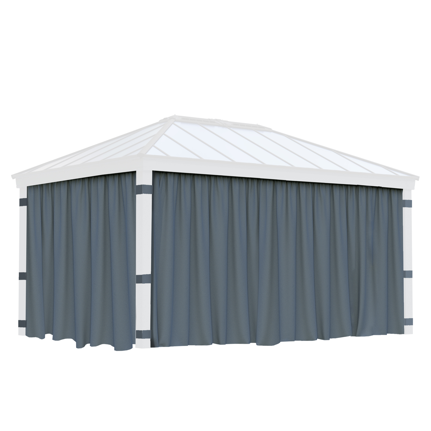 Fritstående pavillon med grå gardiner og hvid ramme
