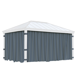 Pavillon med grå gardiner og hvidt tag Fritstående pavillon med grå gardiner og hvid ramme