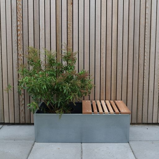 Rektangulær plantekasse i metal med integreret bænk