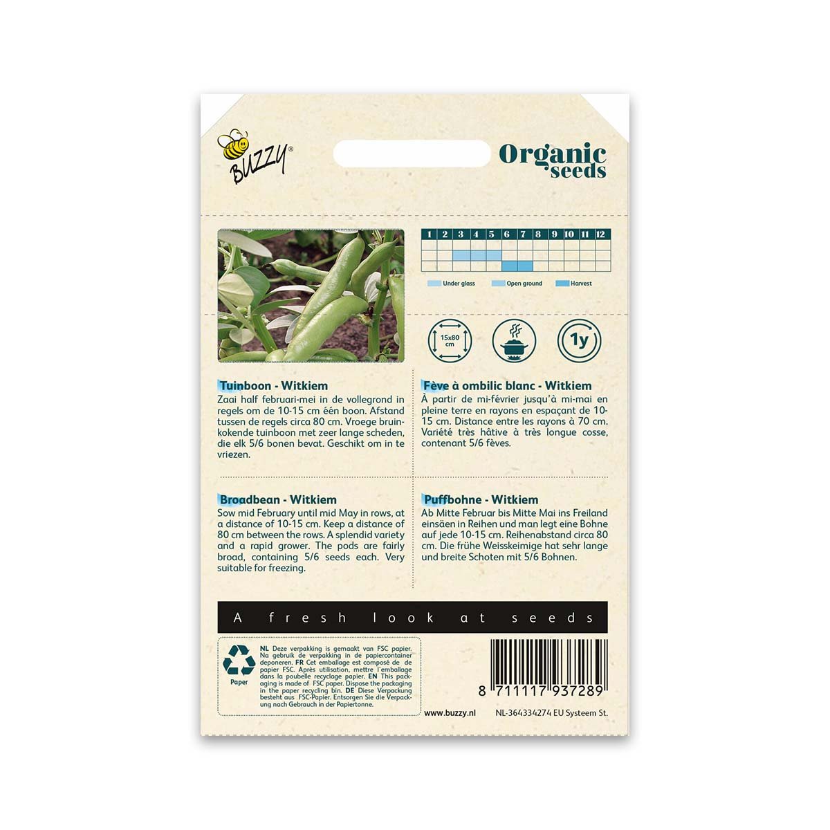 Økologiske havebønnefrø fra Buzzy Seeds Bagside af Buzzy økologiske havebønnefrø med vejledning