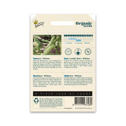 Økologiske havebønnefrø fra Buzzy Seeds Bagside af Buzzy økologiske havebønnefrø med vejledning