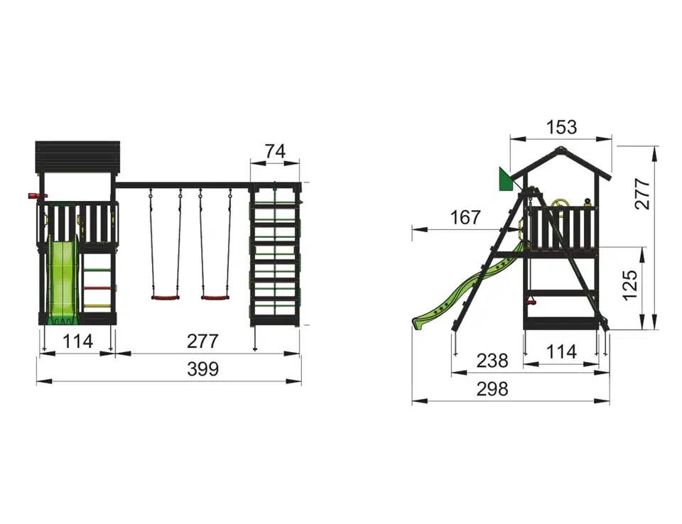 Jungle Gym Casa 2.1 legetårn grundmalet sort m/2-Climb Modules og mørkegrøn rutsjebane – kompakt design til mindre haver Jungle Gym Casa 2.1 legetårn i sort med 2 Climb Modules og mørkegrøn rutsjebane, teknisk tegning med front- og sidevisning og mål i cm (bredde 399, dybde 298, højde 277)
