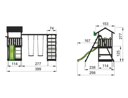 Jungle Gym Casa 2.1 legetårn grundmalet sort m/2-Climb Modules og mørkegrøn rutsjebane – kompakt design til mindre haver Jungle Gym Casa 2.1 legetårn i sort med 2 Climb Modules og mørkegrøn rutsjebane, teknisk tegning med front- og sidevisning og mål i cm (bredde 399, dybde 298, højde 277)
