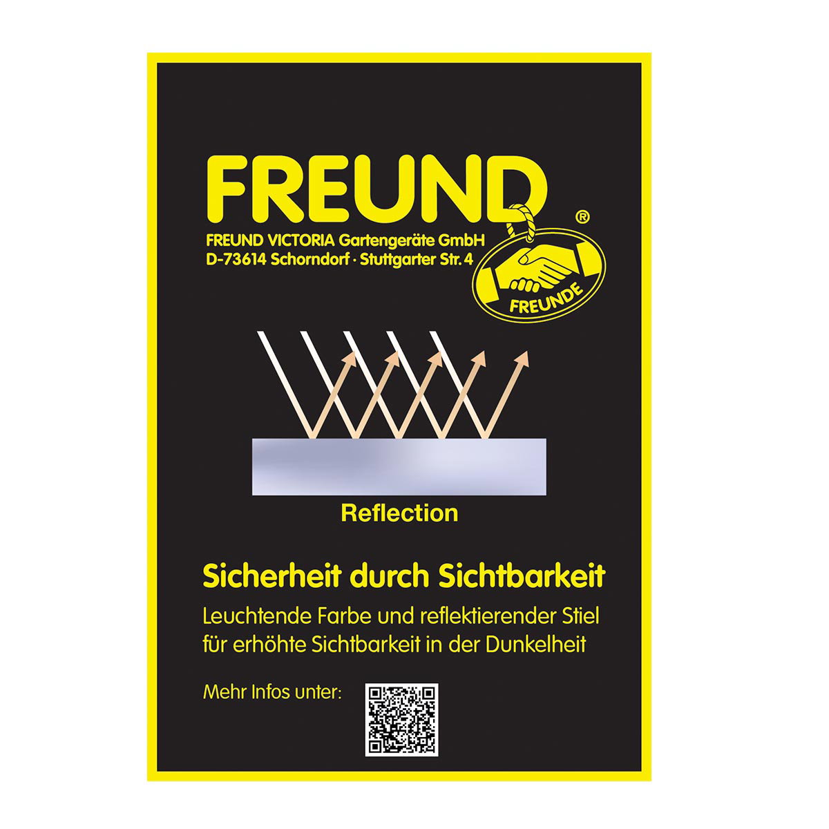 Freund sneskovl REFLECTION 160 cm – neon-gult plastblad, ovalt alufad med refleksfilm, D-greb Produktetiket for Freund REFLECTION sneskovl – neon-gult kulderesistent plastblad, ovalt aluminiumskaft med refleksfilm for øget synlighed, D-greb, velegnet til rydning ved mørke; producent Freund Victoria