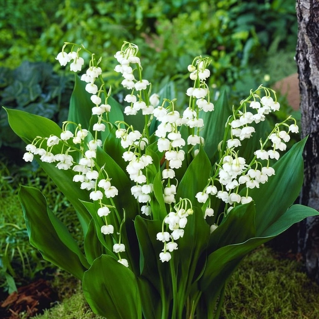 Nærbillede af Liljekonval (Convallaria majalis) med snehvide klokker og grønne blade. Produkt: 5 løg fra Florex, perfekt til fugtig, skyggefuld jord og som duftende snitblomst.