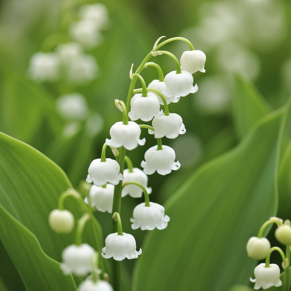 Liljekonval (Convallaria majalis) med snehvide, duftende klokkeformede blomster på grønne stilke; produkt: 5 løg fra Florex, blomstrer maj-juni, velegnet som bunddække under buske og træer