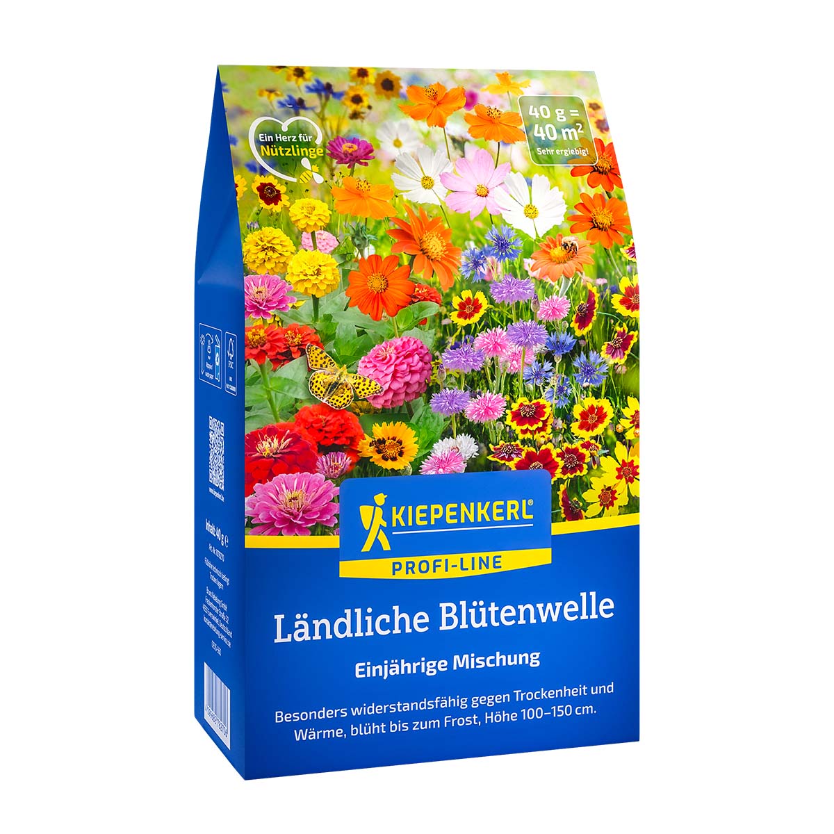 Forside af frøpose Kiepenkerl Blomsterblanding Engblomster 40 m² med farverige, høje sommerblomster; velegnet til større bede og naturlige områder, blomstrer juli til frost, kan bruges som snitblomster