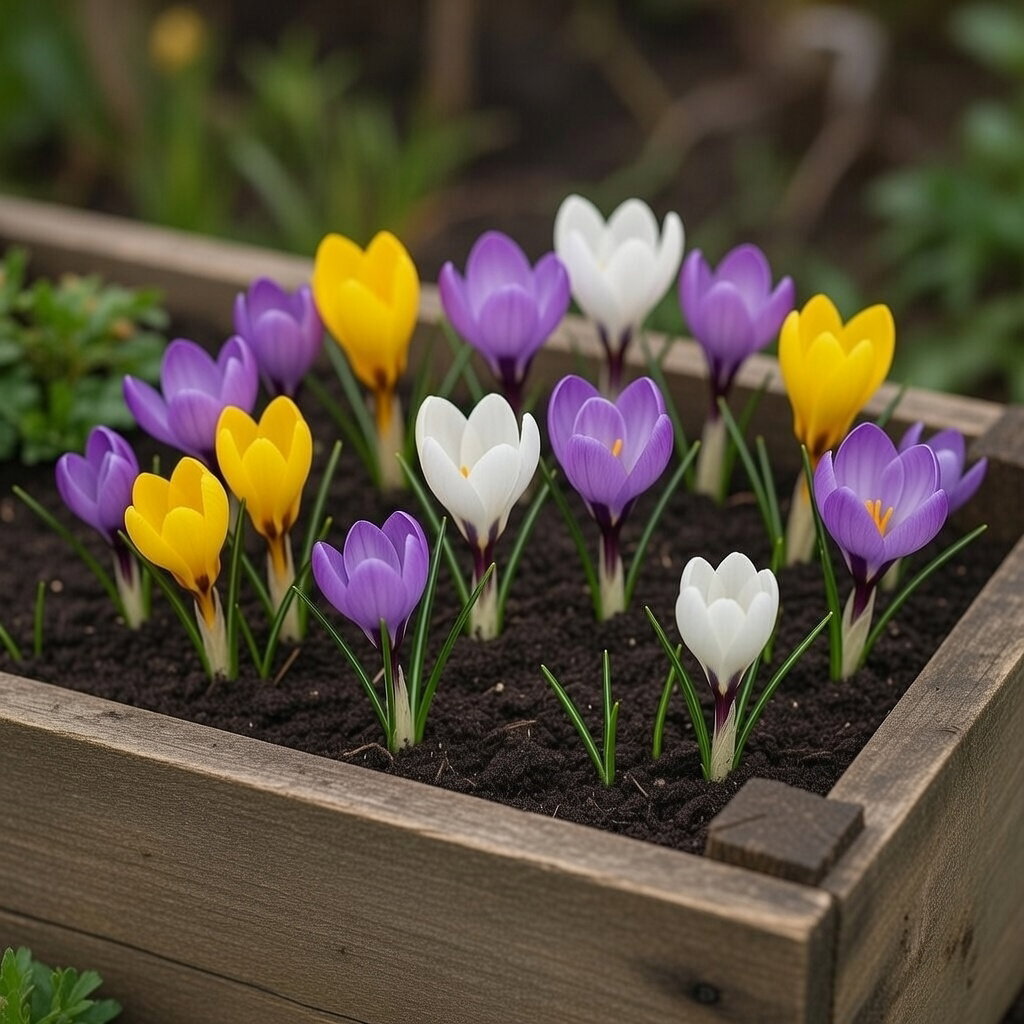Farverig botanisk blanding af vilde krokus i trækasse med hvide, gule og violette blomster. 15 løg fra Sperli, højde 8–10 cm, ideel til have, bede, græsplæne og altan; tiltrækker tidlige humlebier og insekter.