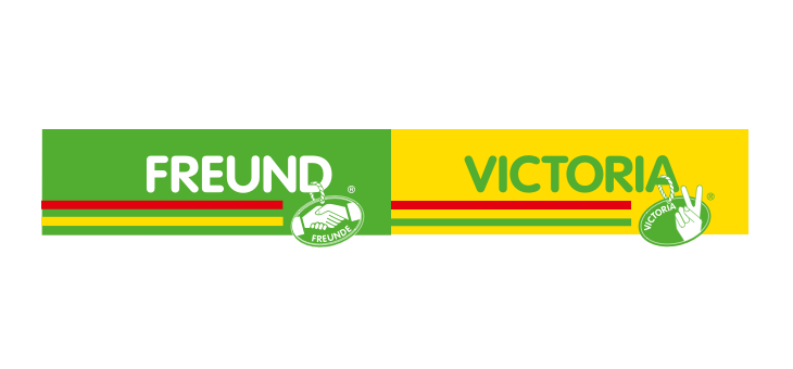 FREUND og VICTORIA brandbånd med håndtryk- og fredstegn-logoer på farverigt baggrund FREUND og VICTORIA logoer på grøn og gul baggrund med røde, gule og grønne striber