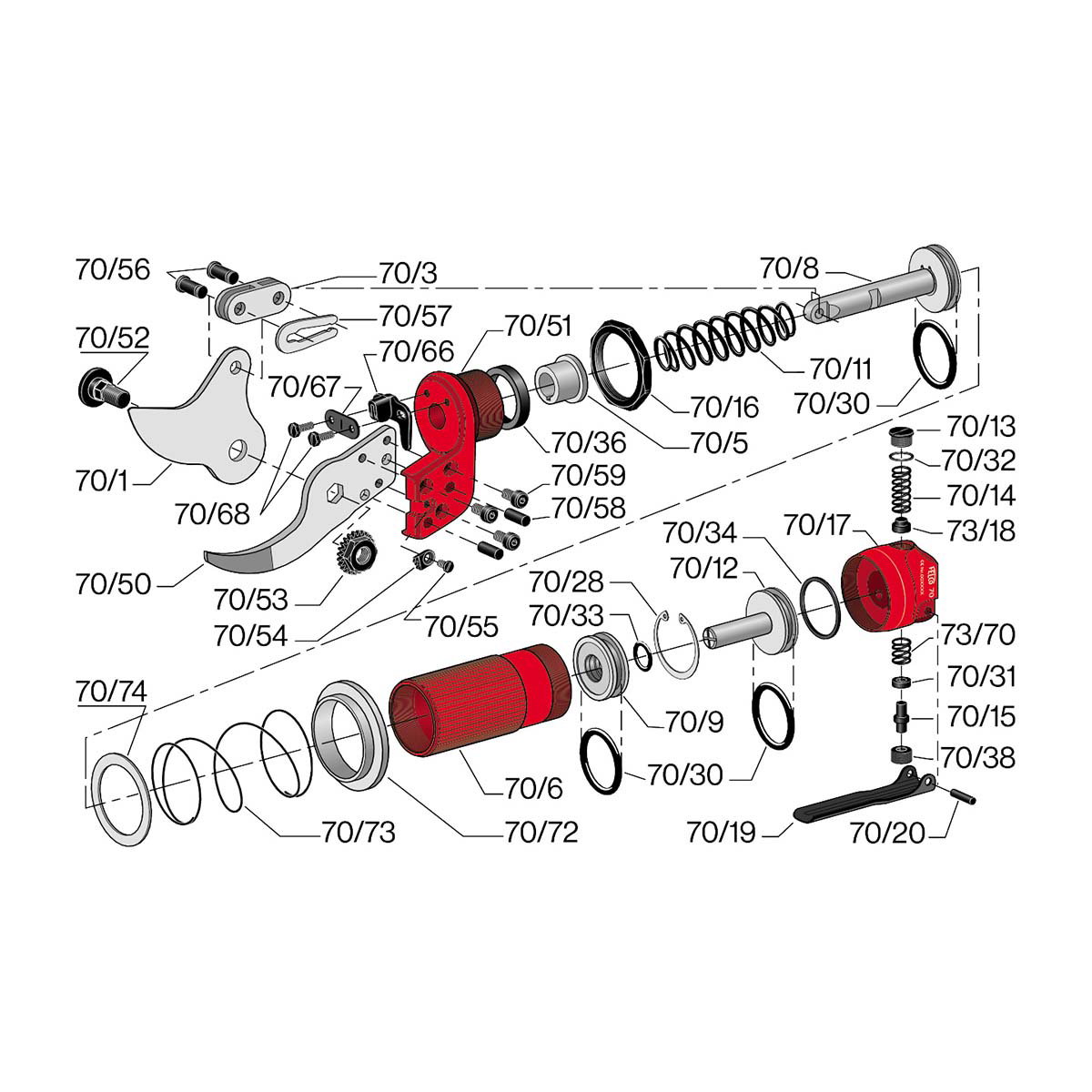 Reservedelstegning af hydraulisk bremseenhed