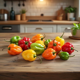 Økologisk Habanero chili - mix | Buzzy - frø til hjemmeavl Billede af økologiske Habanero chili i blandede farver (rød, orange, gul, grøn) lagt på et køkkenbord. Buzzy frømix til hjemmeavl af stærke Habanero-sorter, velegnet til madlavning, marinader, tørring og pulverisering.