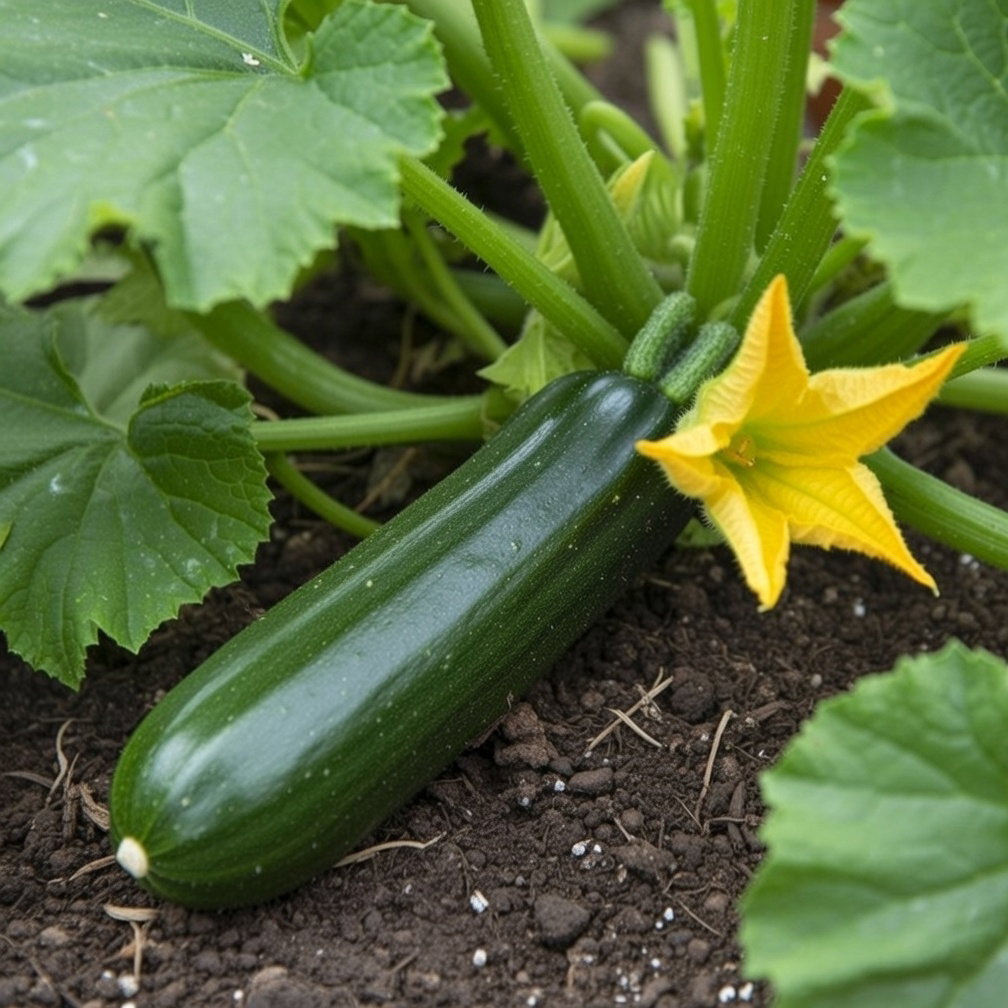 Billede af økologisk Dunja F1 squashplante med mørkegrøn, rund kuglesquash og gul blomst på jord; velegnet til stegning, grill, bagning og suppe – økologiske frø fra Buzzy Organic