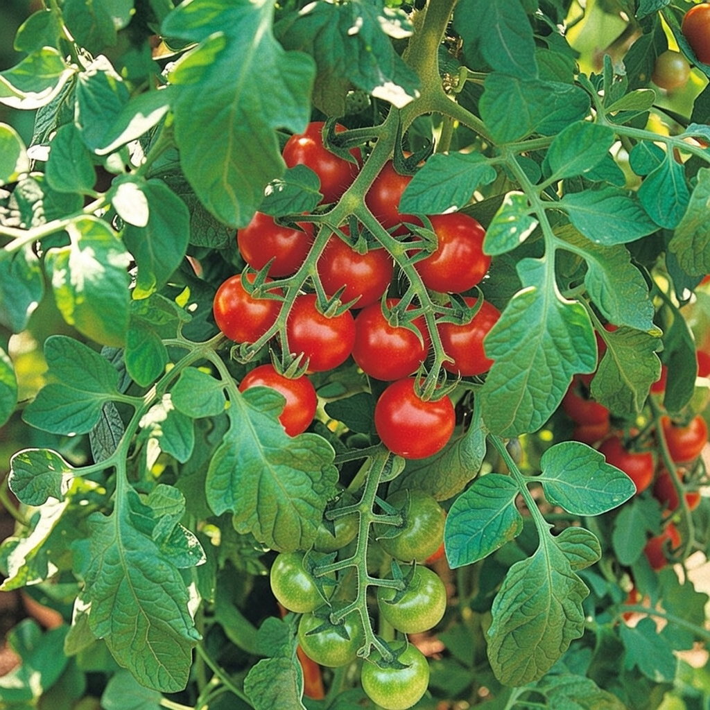 Klaser af røde og grønne cherrytomater på planten, illustrerer Gardener's Delight økologiske tomatfrø fra Buzzy Organic; velegnet til solrigt klima, kræver jævn vanding og opbinding