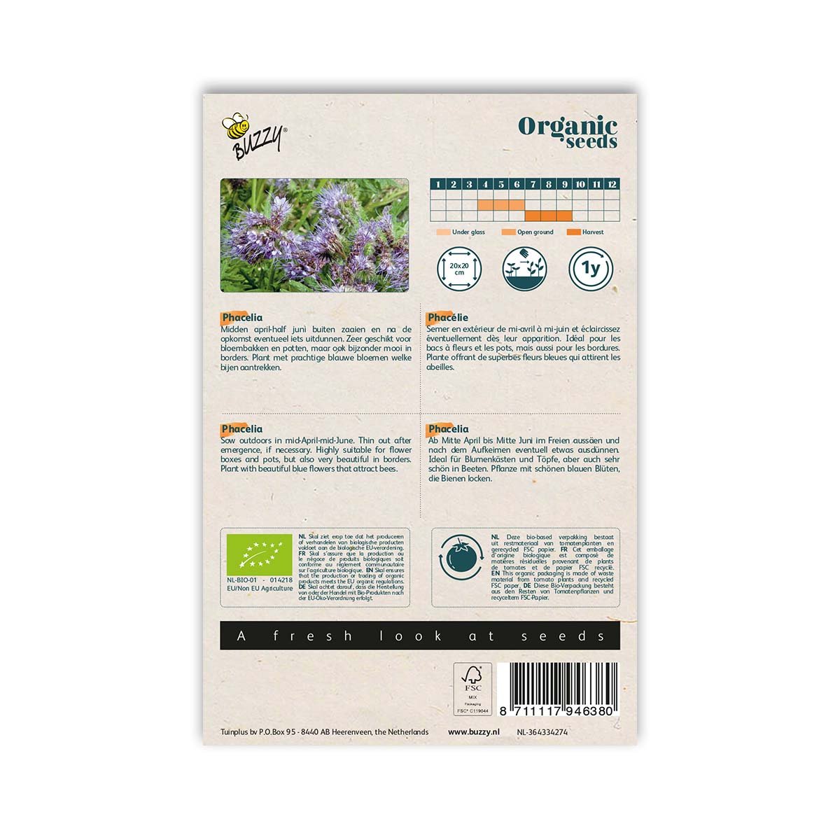 Bagside af Buzzy økologiske phacelia blomsterfrø pose
