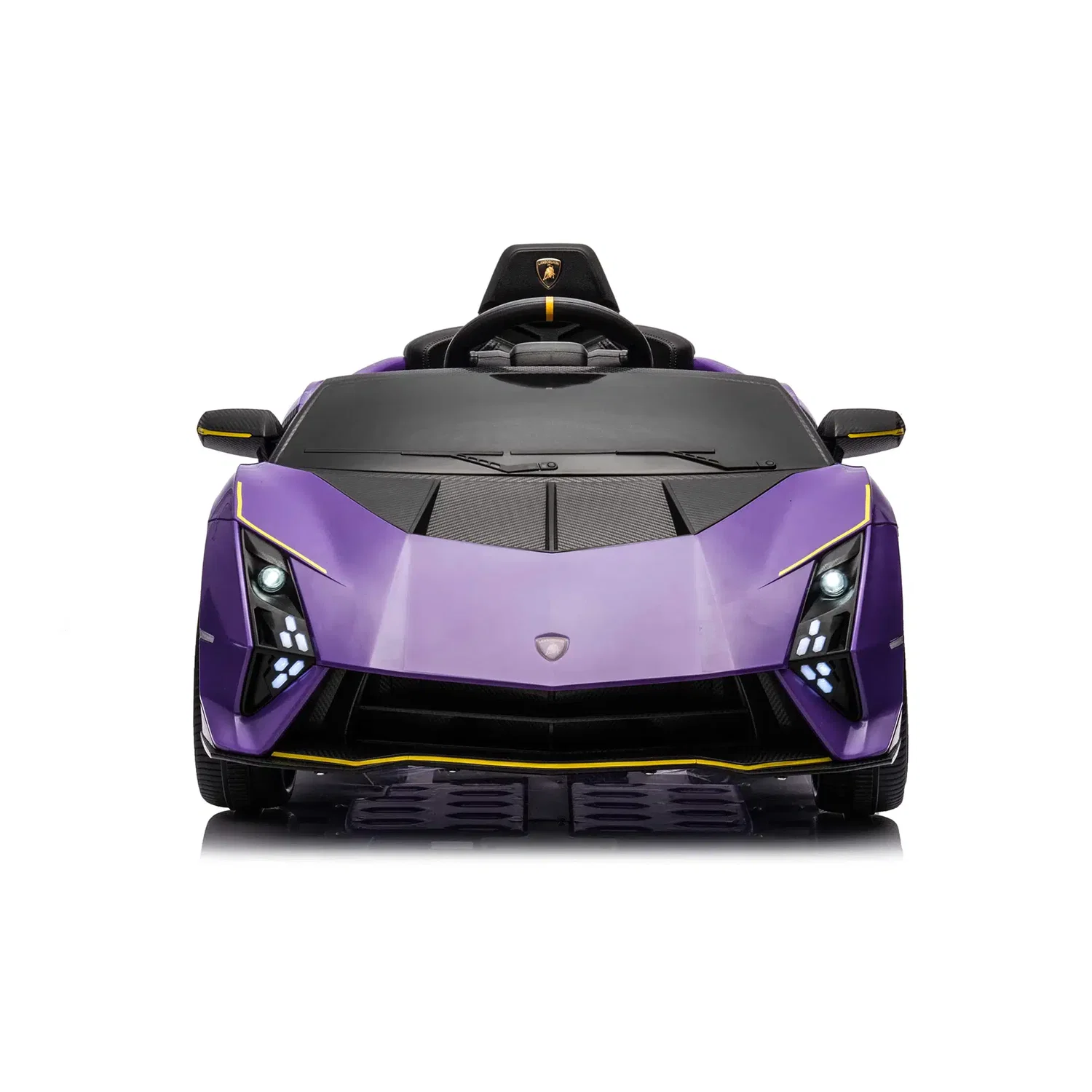 Lamborghini Autentica elbil til børn - lilla, 4 x 10,8V motor, EVA-hjul | NORDIC PLAY Forfra billede af lilla Lamborghini Autentica elbil til børn fra NORDIC PLAY med aerodynamisk sportsdesign, realistiske forlygter, licenseret logo, Bluetooth-funktion og EVA-hjul