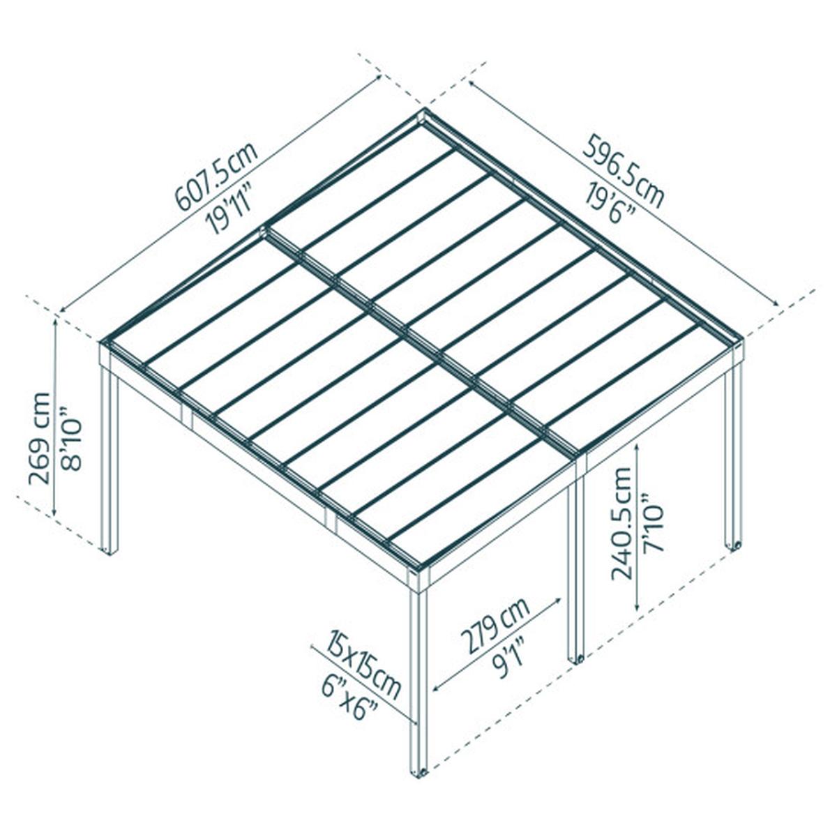 Tegning af pergola i aluminium med mål i cm og tommer
