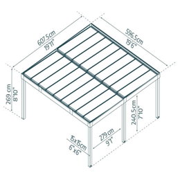 Pergola i aluminium 6x6 m med mål Tegning af pergola i aluminium med mål i cm og tommer