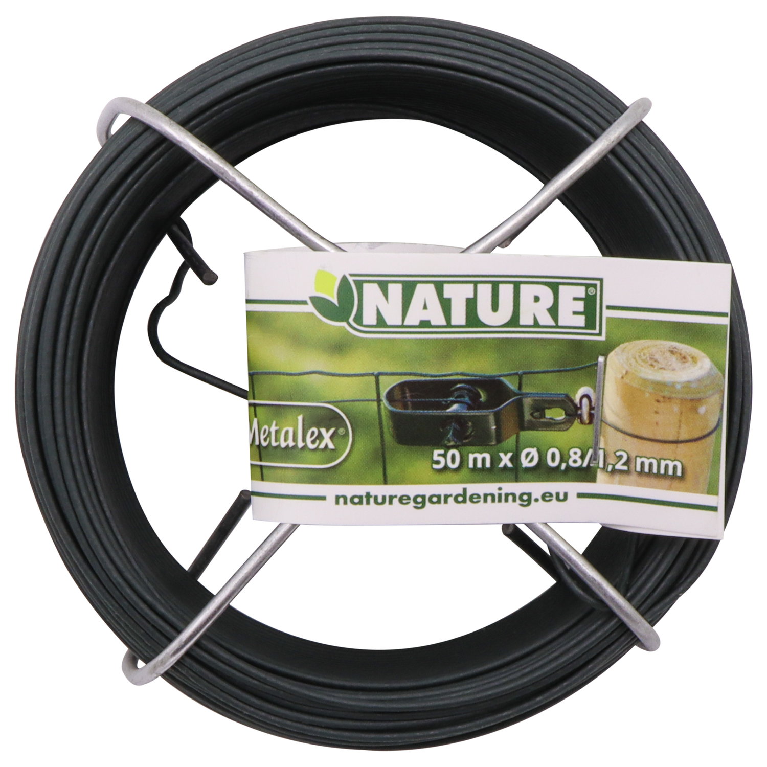 Rulle Nature Metalex galvaniseret hegnstråd Ø0,9/1,4 mm x 30 m, velegnet til opbinding, montering af net og lettere hegn; galvaniseret stål med mulighed for grøn PVC-belægning