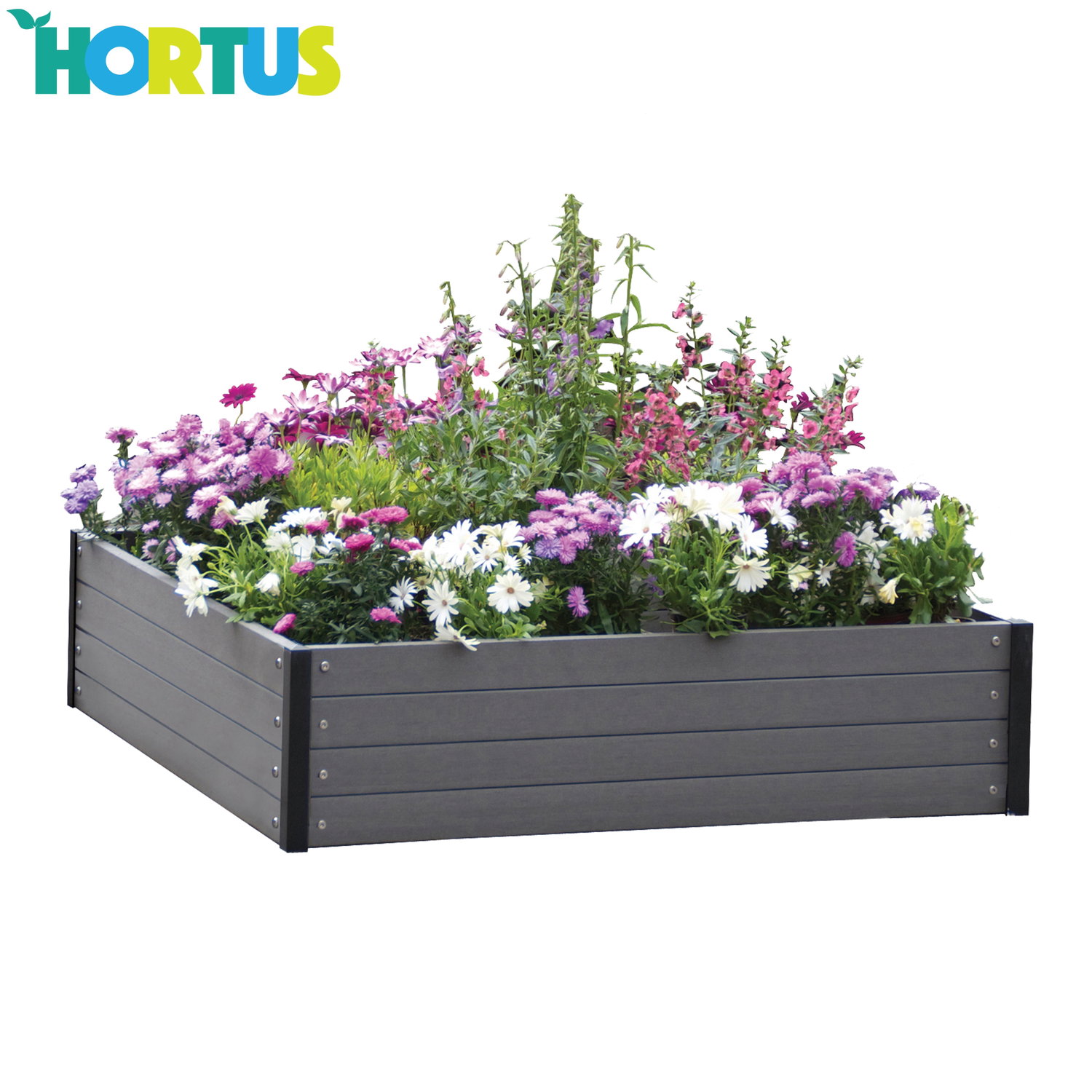 Gråt HORTUS højbed i komposit fyldt med blomster