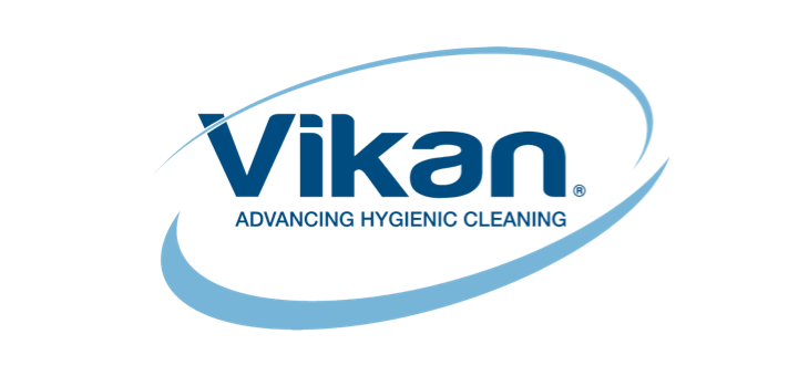 Vikan logo - Advancing Hygienic Cleaning (blåt firmalogo) Vikan logo med omsluttende blå ellipse og teksten 'ADVANCING HYGIENIC CLEANING'.