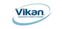 Vikan logo - Advancing Hygienic Cleaning (blåt firmalogo) Vikan logo med omsluttende blå ellipse og teksten 'ADVANCING HYGIENIC CLEANING'.