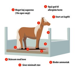 Hestestrøelse med høj sugeevne og lavt støv Illustration af hest i boks med støvfattig, lugtsvag strøels