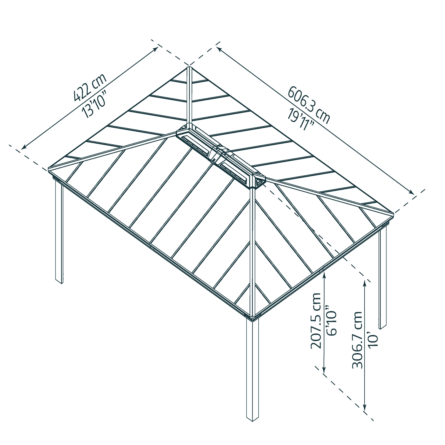 Pavillon 422x606 cm med måltegning Isometrisk tegning af pavillon 422x606 cm med mål