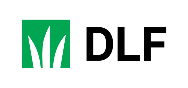 DLF-logo – grøn firkant med tre stiliserede græsblade og sort DLF-tekst DLF-logo: grøn firkant med tre stiliserede græsblade til venstre og teksten DLF i sort til højre