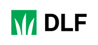 DLF-logo – grøn firkant med tre stiliserede græsblade og sort DLF-tekst DLF-logo: grøn firkant med tre stiliserede græsblade til venstre og teksten DLF i sort til højre