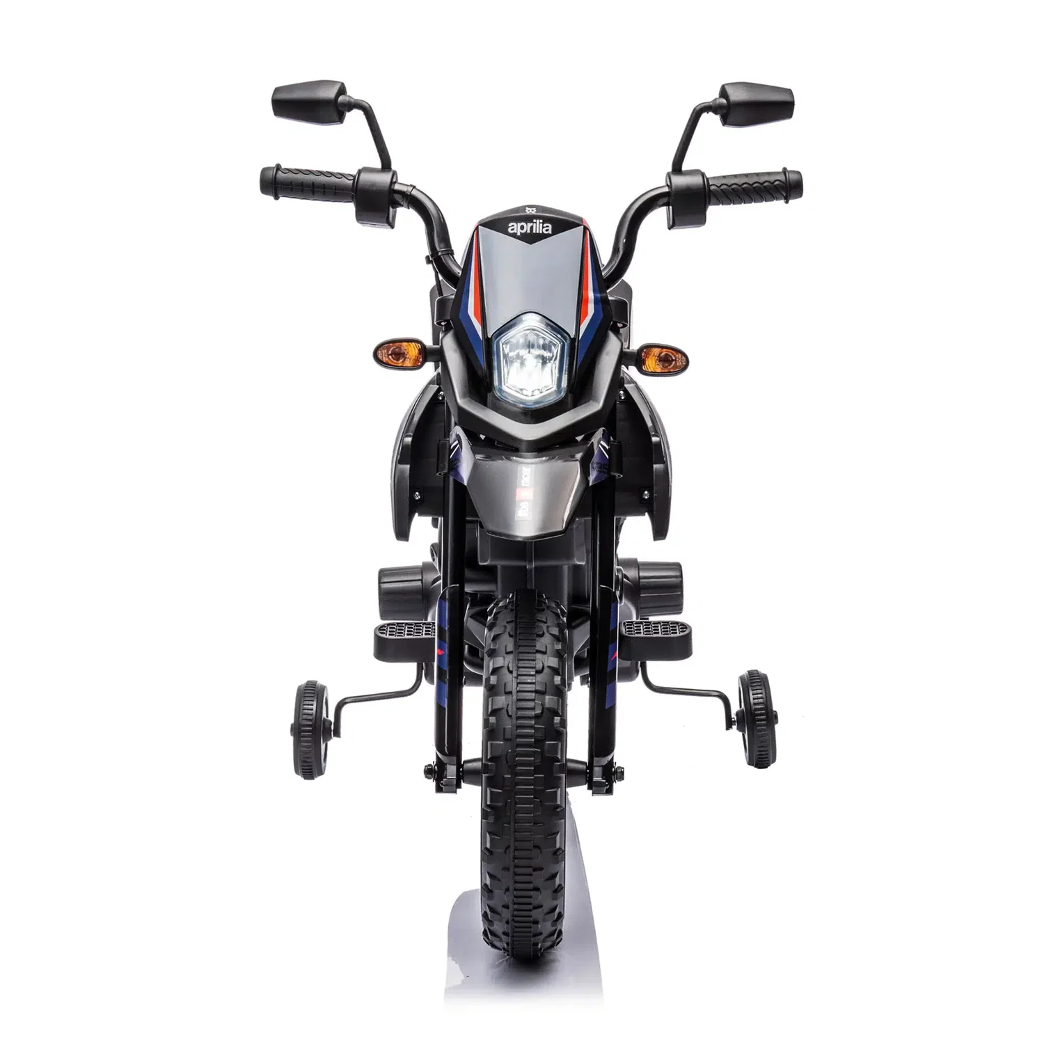Frontfoto af blå Aprilia el-motorcykel til børn fra NORDIC PLAY Speed med støttehjul, forlygte, blink, Bluetooth, musik og 50W motor (topfart ca. 6 km/t) – til børn 3-8 år