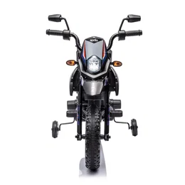 Frontfoto af blå Aprilia el-motorcykel til børn fra NORDIC PLAY Speed med støttehjul, forlygte, blink, Bluetooth, musik og 50W motor (topfart ca. 6 km/t) – til børn 3-8 år