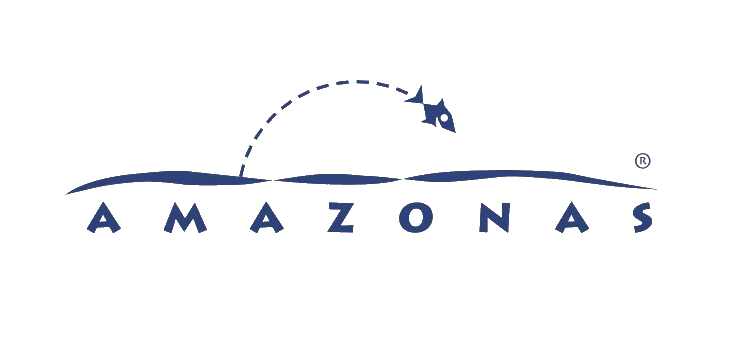 Amazonas logo med en stiliseret springende fisk over bølgelinje og teksten "AMAZONAS" i blå