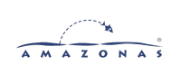 Amazonas logo - stiliseret springende fisk over bølgelinje med teksten "AMAZONAS" Amazonas logo med en stiliseret springende fisk over bølgelinje og teksten "AMAZONAS" i blå