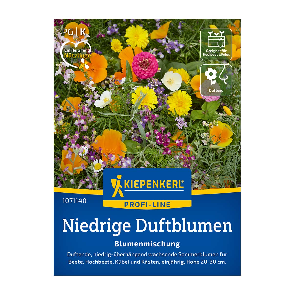 Farverig lav blomsterblanding fra Kiepenkerl "Duftende blomster" til 2-4 m², egnet til bede, krukker og altankasser, kompakte duftende sommerblomster 20–30 cm høje