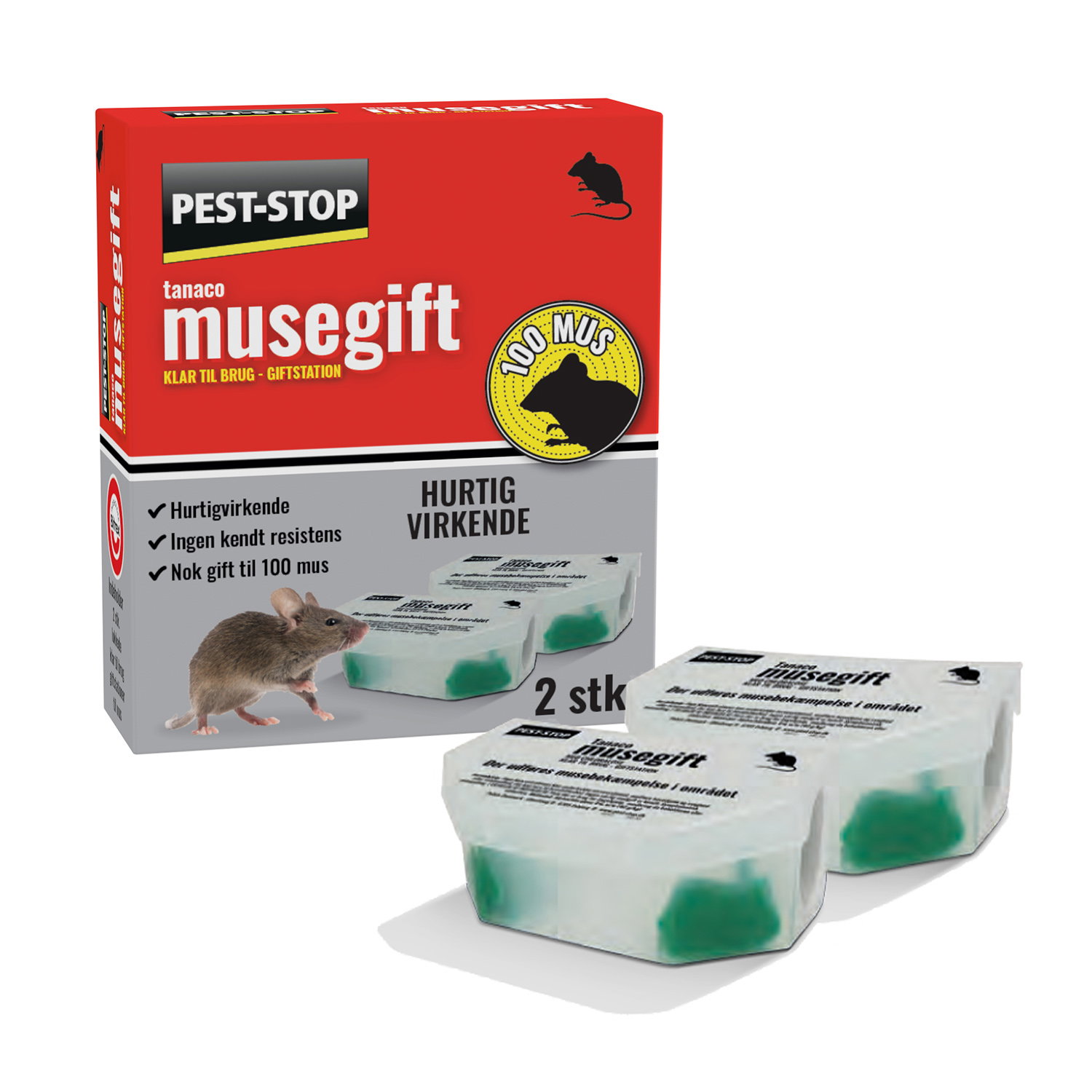 Pest-stop Musegift 2-pak - lukket musegiftstation til indendørs brug, klar til brug Pest-stop Musegift 2-pak musegiftstationer - 2 lukkede stationer med fast beholder, reducerer berøringsrisiko, effektiv mod mus i kælder, garage og udhus