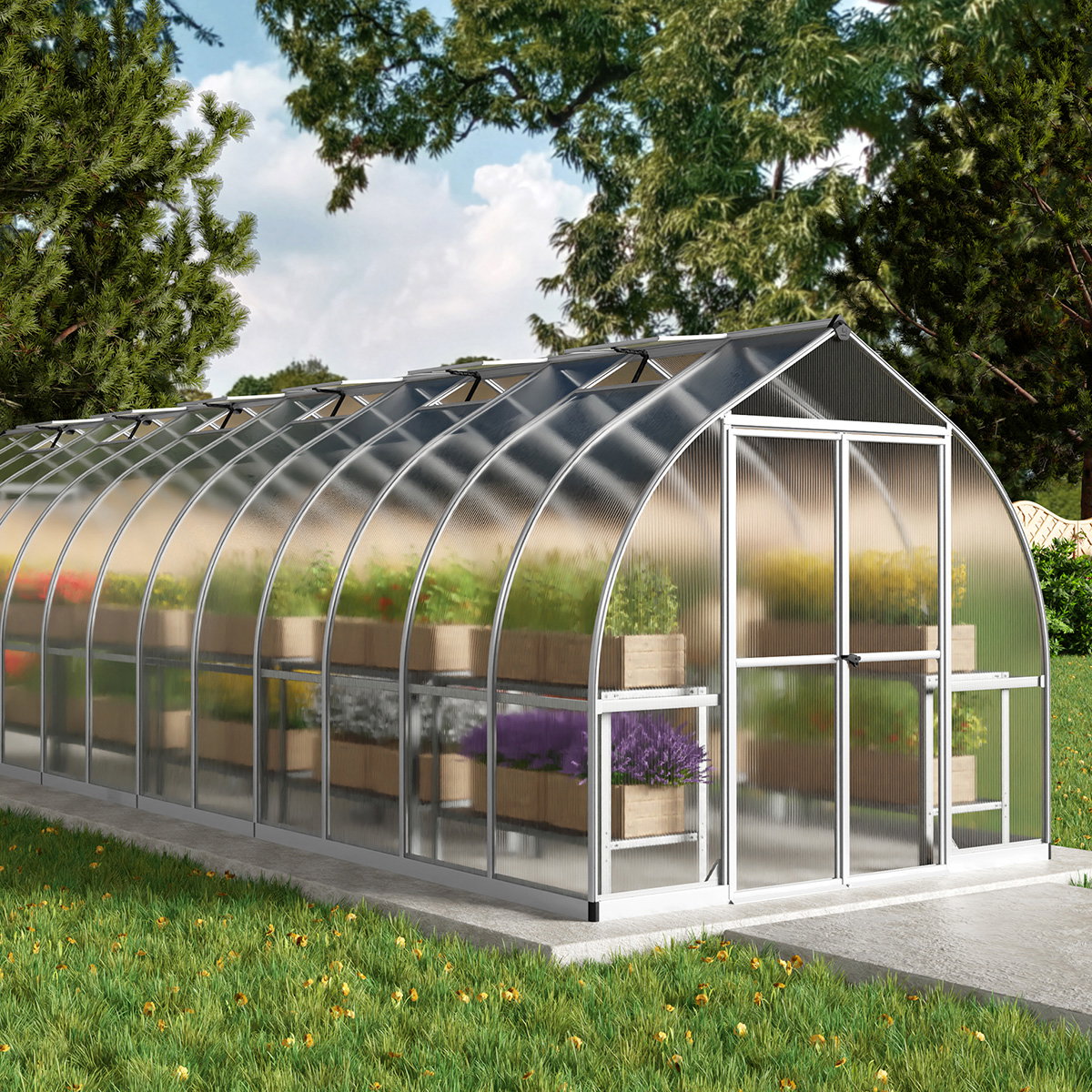 Drivhus Bella 20,6 m² sølv Palram - klokkeformet drivhus med dobbeltdøre og stærk aluminiumsramme Drivhus Bella 20,6 m² i sølv fra Palram, klokkeformet design med brede dobbeltdøre, rustfri aluminiumsramme, galvaniseret stålbase og UV-beskyttede dobbeltvæggede polycarbonatpaneler