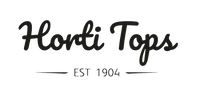 Sort Horti Tops logo i håndskrift med teksten "EST 1904" og dekorative linjer