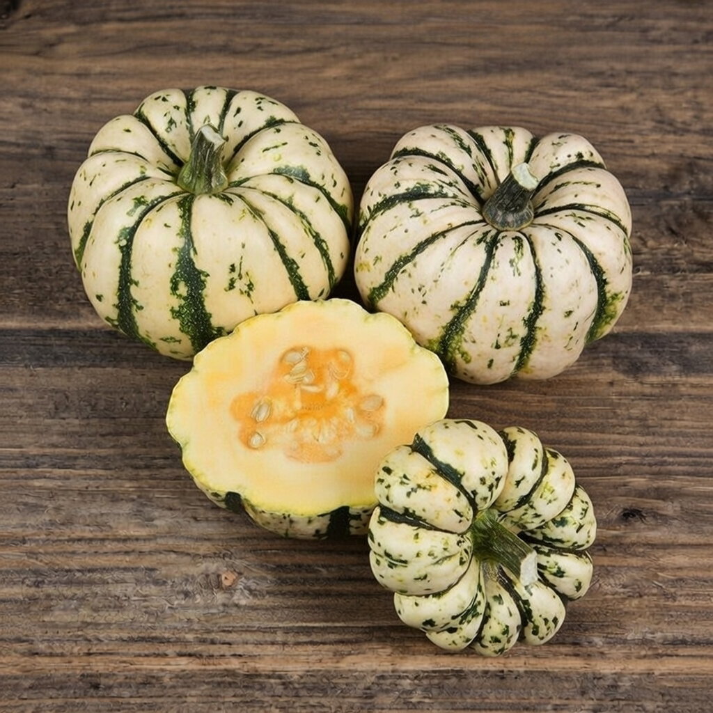 Vintersquash frøsort 'Sweet Dumpling' – flere hvide og grønstribede runde squash, en er skåret åben og viser orange frugtkød og kerner. Velegnet til bagning, stegning og opbevaring. Horti Tops.