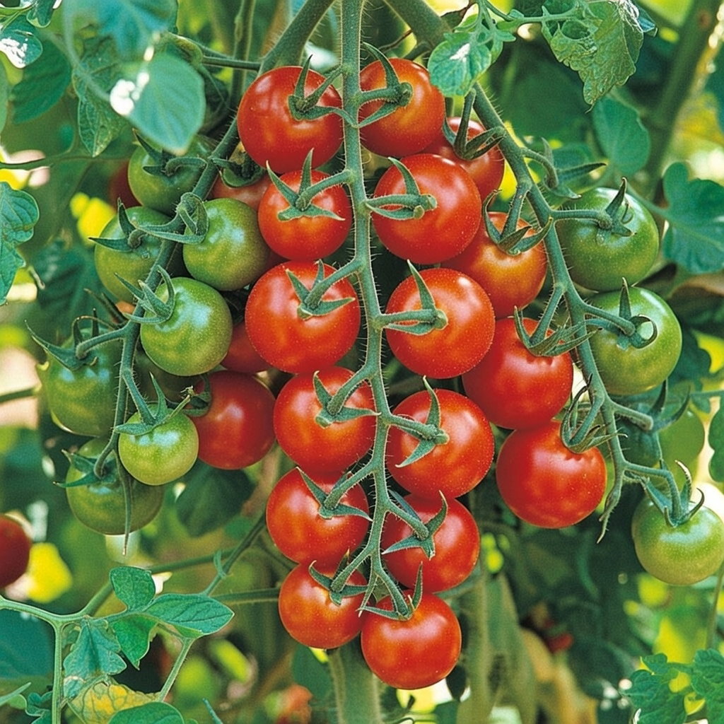 Klynge af røde og grønne cherrytomater på stilk (Gardener's Delight) – økologisk cherrytomat, velegnet til solrigt voksested. Producent: Buzzy Organic