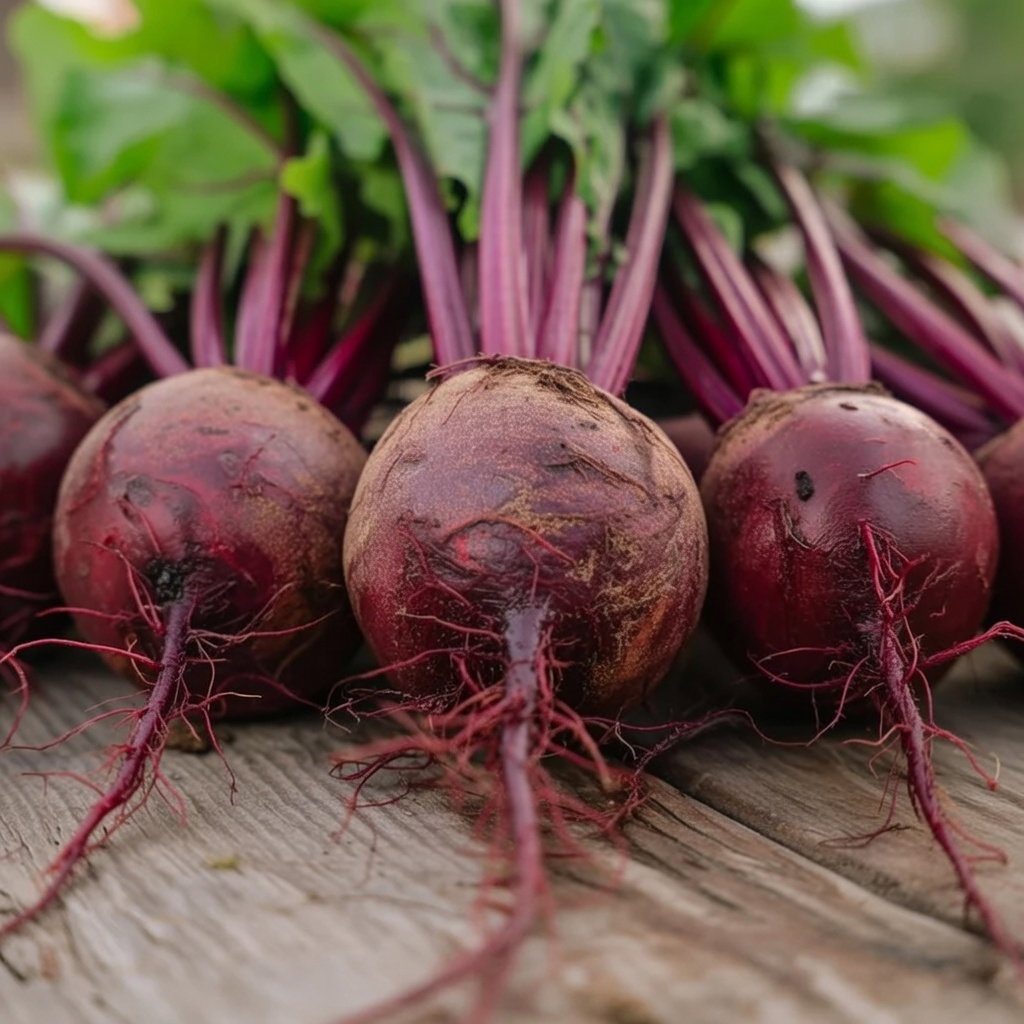 Nærbillede af høstede rødbeder Detroit 2 med jord og røde toppe; økologisk sort fra Buzzy Organic, velegnet til forårs- og sommerdyrkning