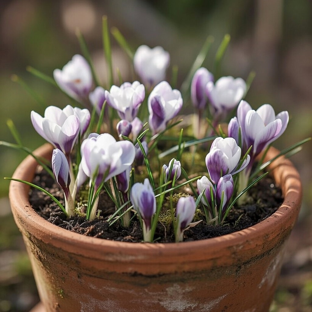 Nærbillede af tofarvede krokus 'Prins Claus' i terracotta potte, hvide kronblade med mørklilla striber; tidligt blomstrende vild krokus, velegnet til bede eller potter, produkt: Krokusløg 10 løg fra Sperli