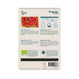 Økologiske cherrytomatfrø, Buzzy Seeds Bagside af pakke med økologiske cherrytomatfrø