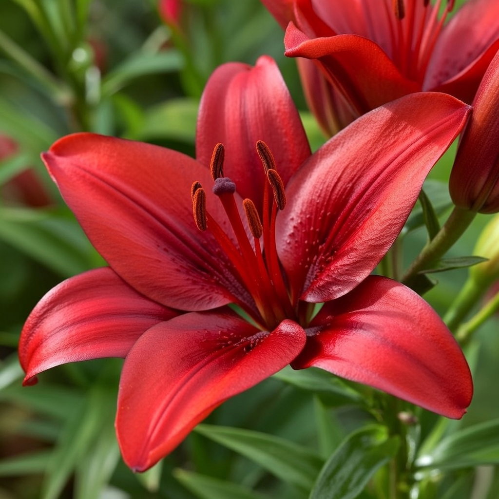 Nærbillede af en rød asiatisk lilje i fuldt flor. Produkt: Asiatisk lilje rød - 3 løg fra Florex. Velegnet som snitblomst og til bede/krukker; blomstrer juni–august, plantes i solrigt, veldrænet jord.