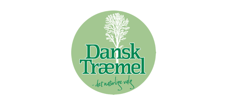 Logo for Dansk Træmel med hvide træillustration, teksten "Dansk Træmel" og sloganet "det naturlige valg" på grøn cirkulær baggrund