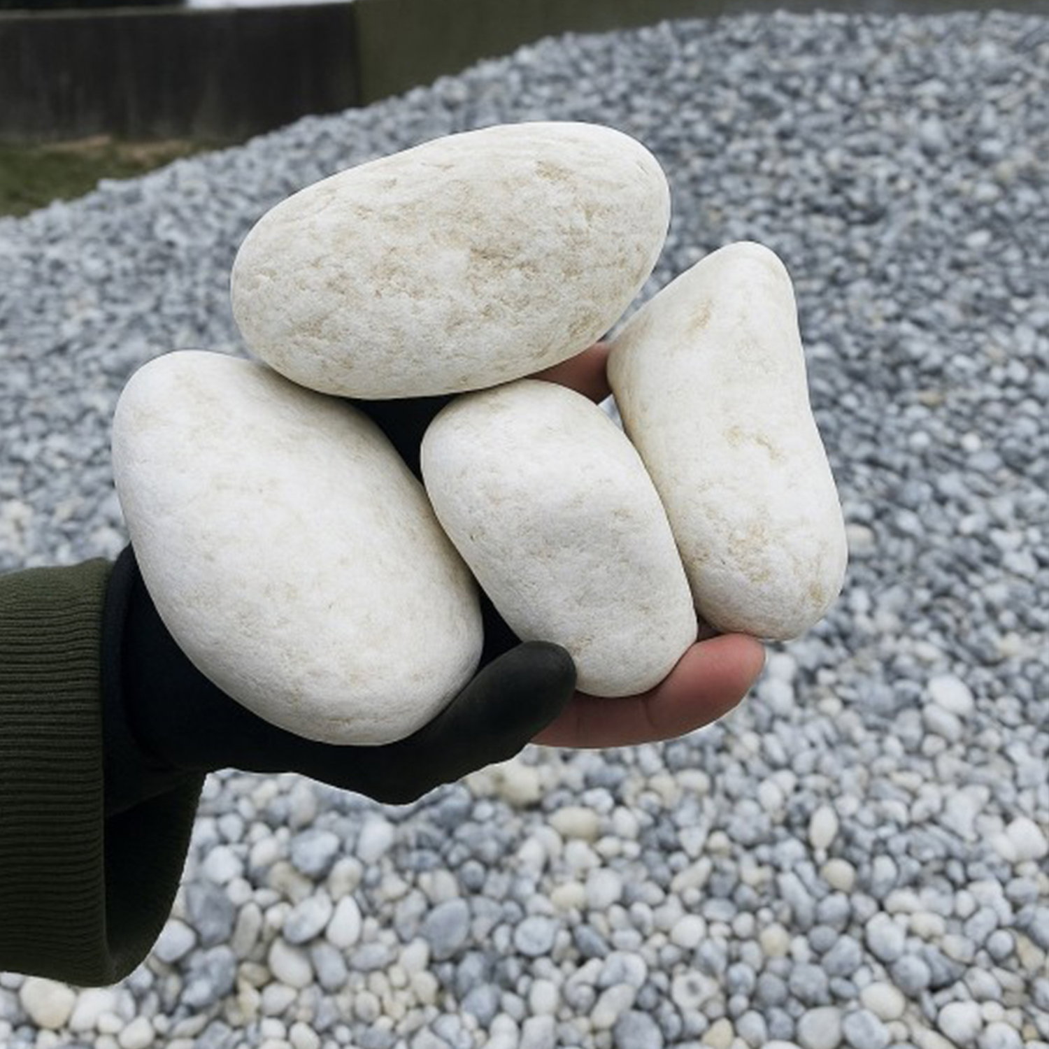 Hvide pyntesten 70-100 mm - GreenBio | naturlige afrundede kalksten til haven Hvide pyntesten 70–100 mm fra GreenBio, naturligt afrundede kalksten i blandet størrelse (70–100 mm) til dekorative bede, stier og strandinspireret haveindretning