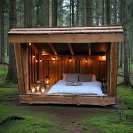 Shelter i lærketræ til 4 personer - BMB, åbent shelter 230 x 210 cm til overnatning i naturen Shelter i lærketræ fra BMB til 4 personer med åbent frontdesign (230 x 210 cm), indrettet med seng, puder, lyskæder og lanterner i skovmiljø - hyggeligt udeshelter til naturoplevelser