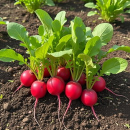 Økologisk radisefrø 'Raxe' fra Buzzy Organic – hurtigvoksende runde røde radiser, klar på ca. 3 uger Nærbillede af frisk dyrkede runde røde radiser 'Raxe' med grønne toppe i jord. Økologiske radisefrø fra Buzzy Organic, nemme at dyrke og hurtigvoksende, perfekte som snack eller til syltning